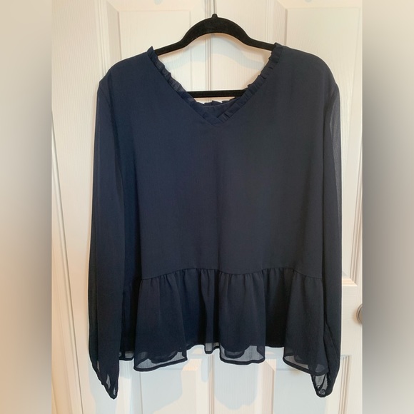 Ann Taylor LOFT Navy Long Sleeve Blouse with flattering sheer sleeves, XL - Picture 4 of 7